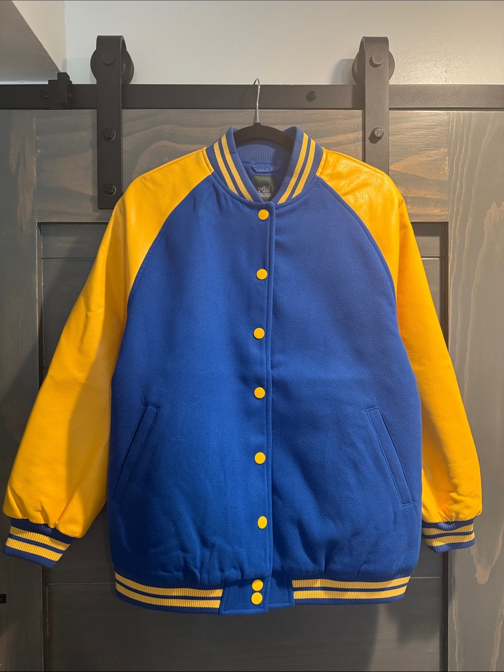 Wild Fable Blue & Yellow Varsity Jacket Faux Leather Sleeves NWT S